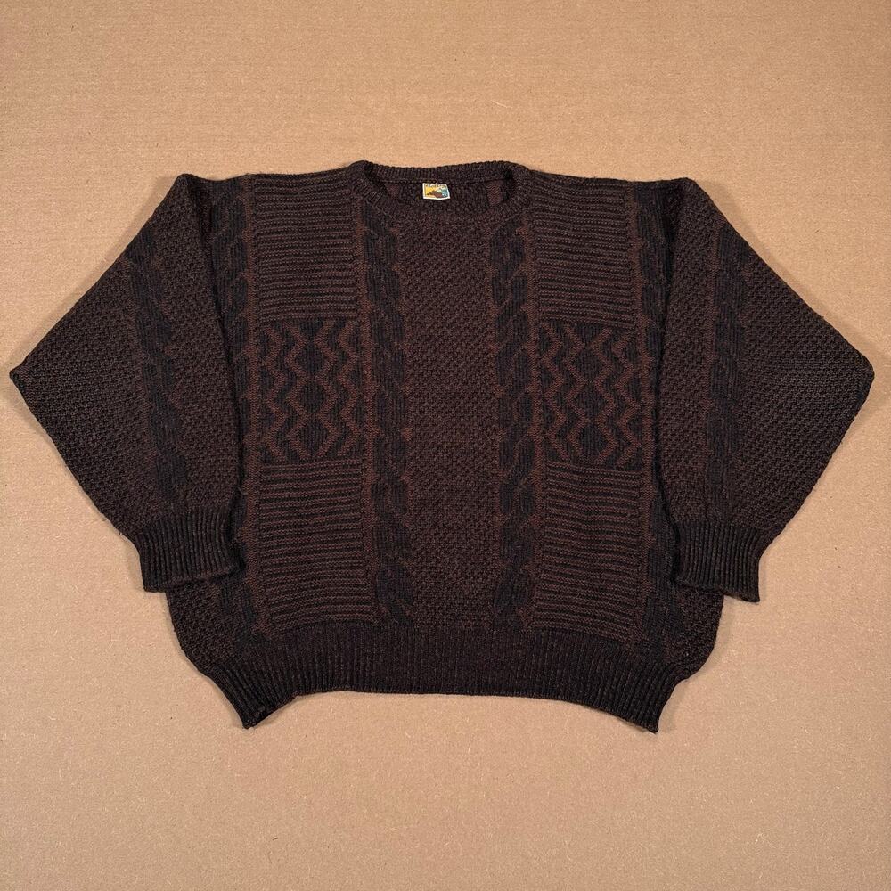Vintage 80s 90s Knit Sweater Brown Black Geometric Pattern Chunky Pullover XL
